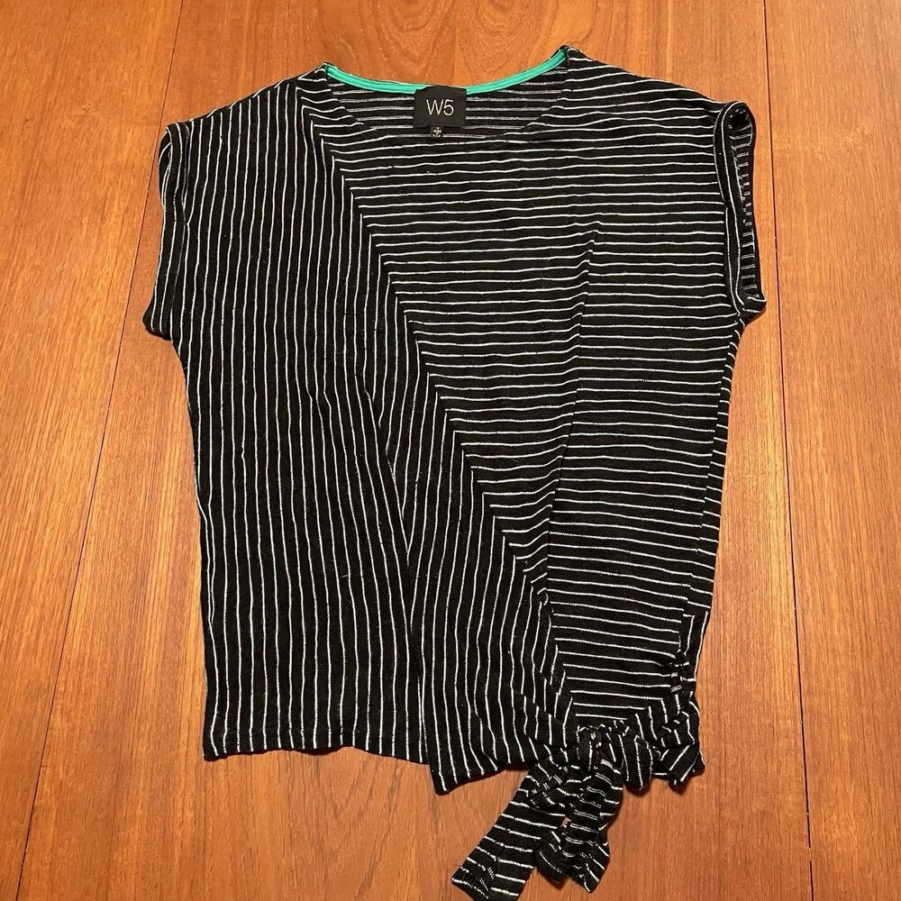 W5 Anthropoloie Top Women S Black Tie Front Short Sleeve Stretch Rayon Blouse